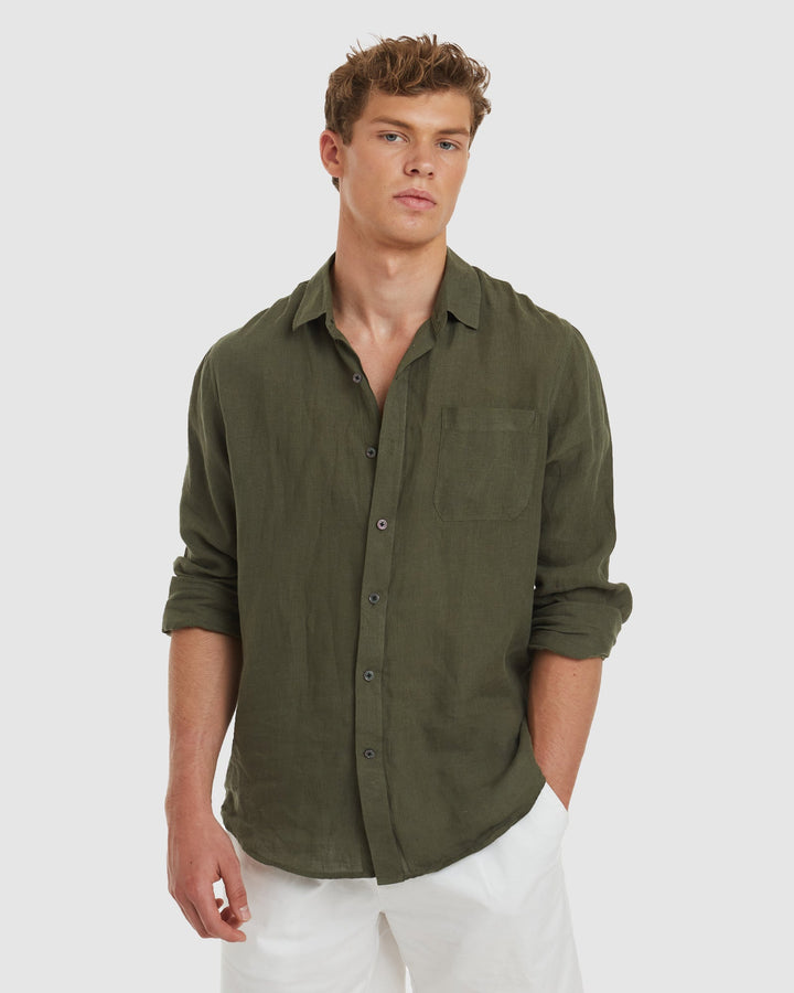 Tulum-Slim Green Linen Shirt Long Sleeve