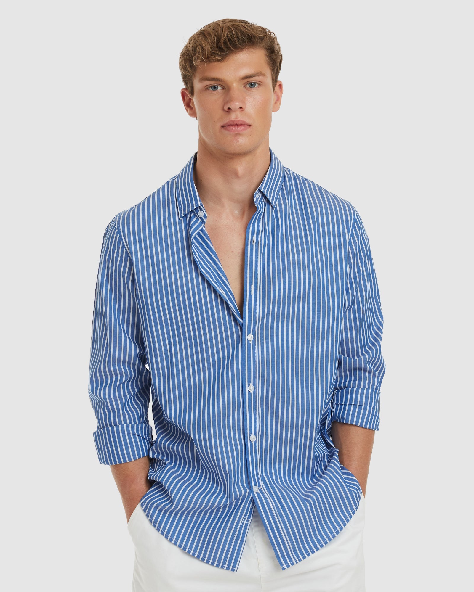 blue striped dress shirt men Indochino Men's Custom Stroud Wide Stripe Light Blue White Shirt
