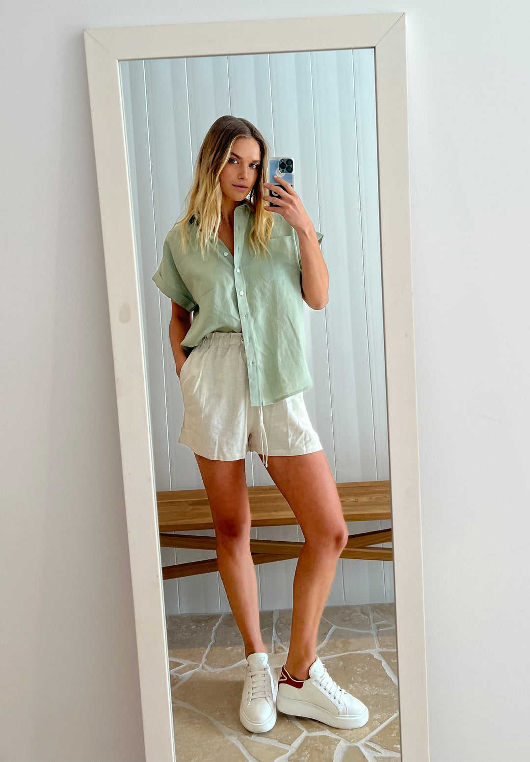 Capri Sage Green Short Sleeve Linen Shirt