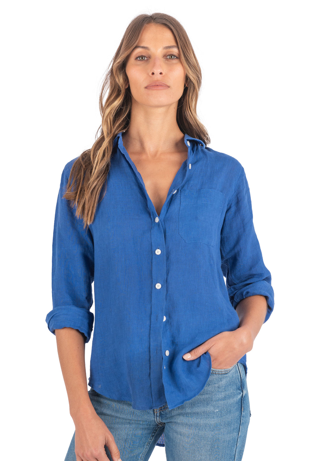 royal blue dress shirt women Lands' End Button Down Dress Shirt Womens 8 Royal Blue Solid Long Sleeve Cotton