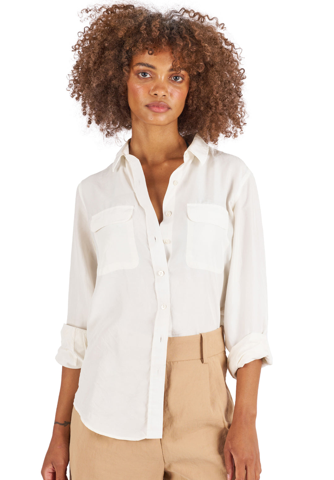 Lete-Silk White Relaxed Sand Washed Silk Shirt with pockets