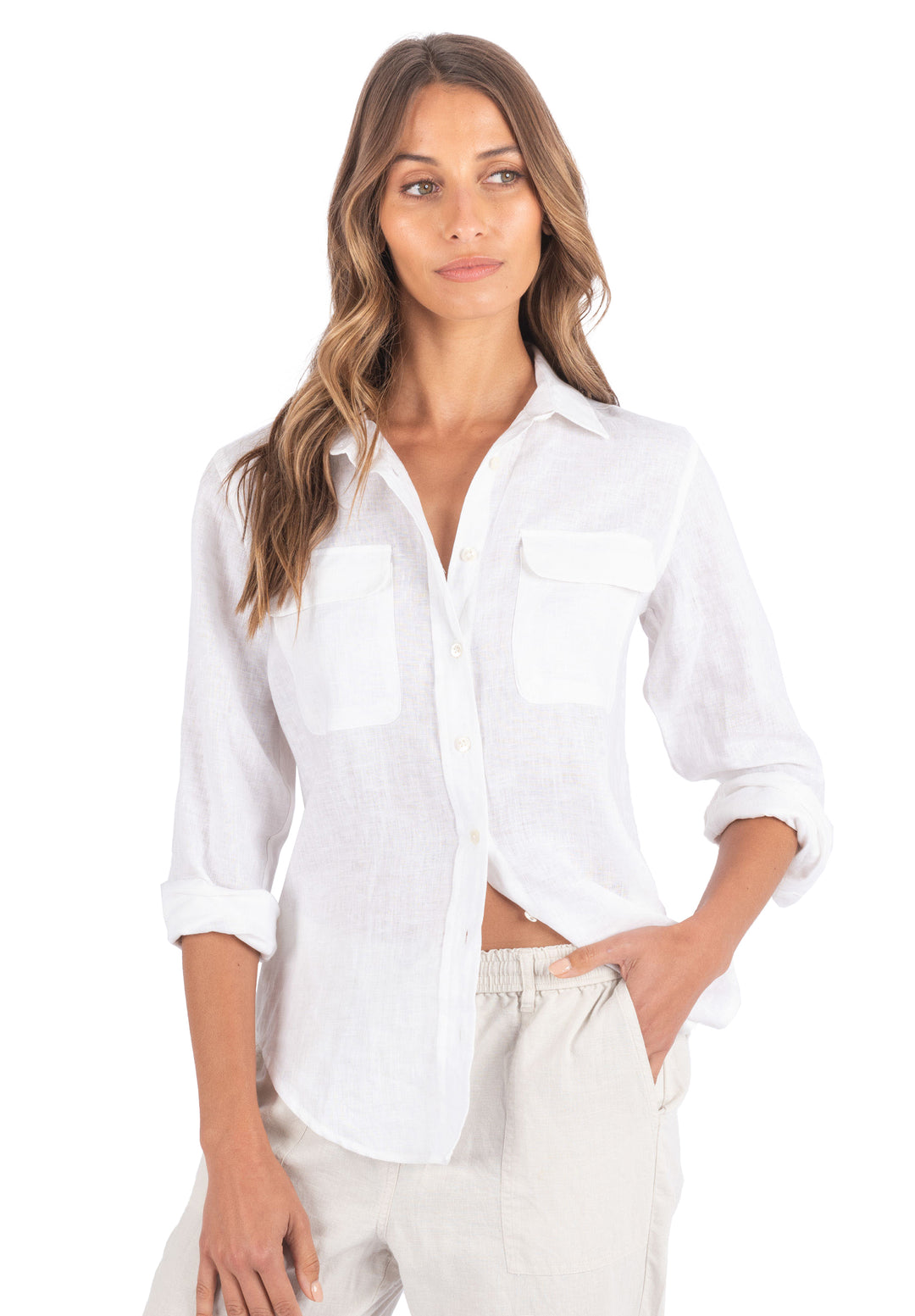 Lete White, Relaxed Linen Shirt with Pockets