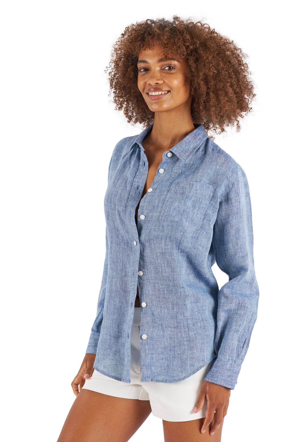 Lina Blue Melange, Slim-Fit Linen Shirt