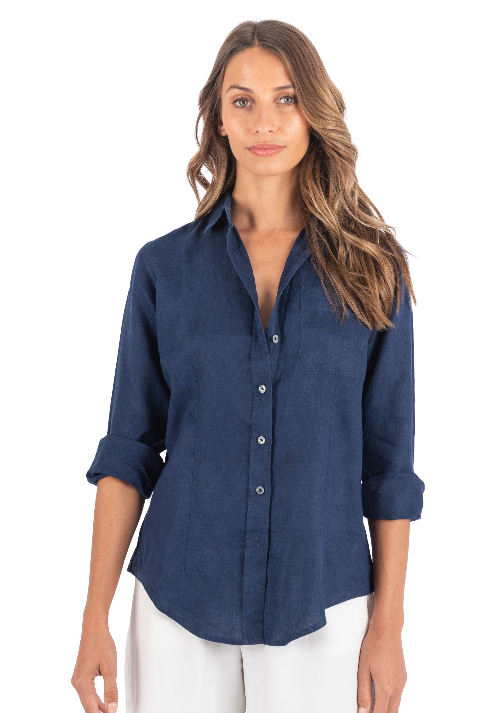 Lina Navy Blue Slim-Fit Linen Shirt – camixa.com