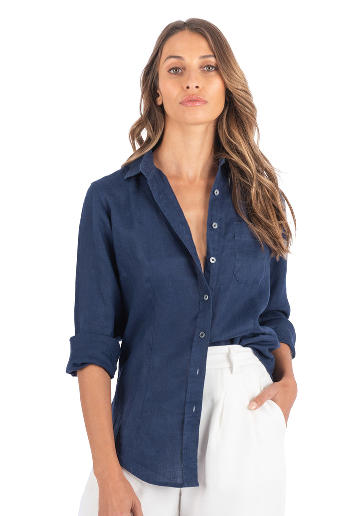 Lina Navy Blue Slim-Fit Linen Shirt