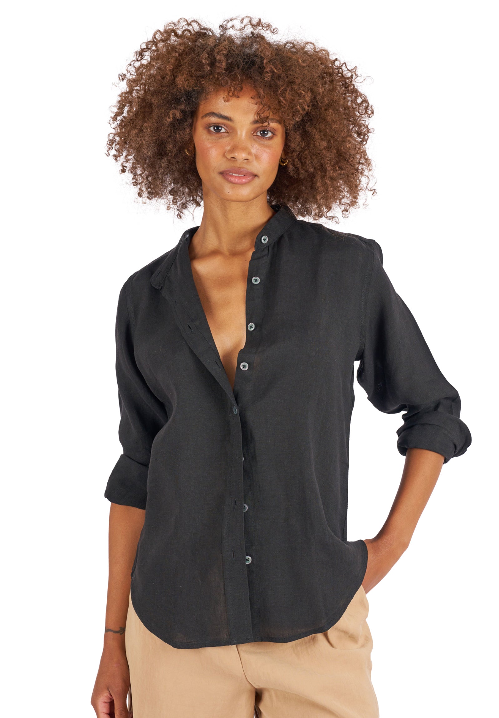 Lotus Black Relaxed Linen Shirt with Mandarin Collar – camixa.com