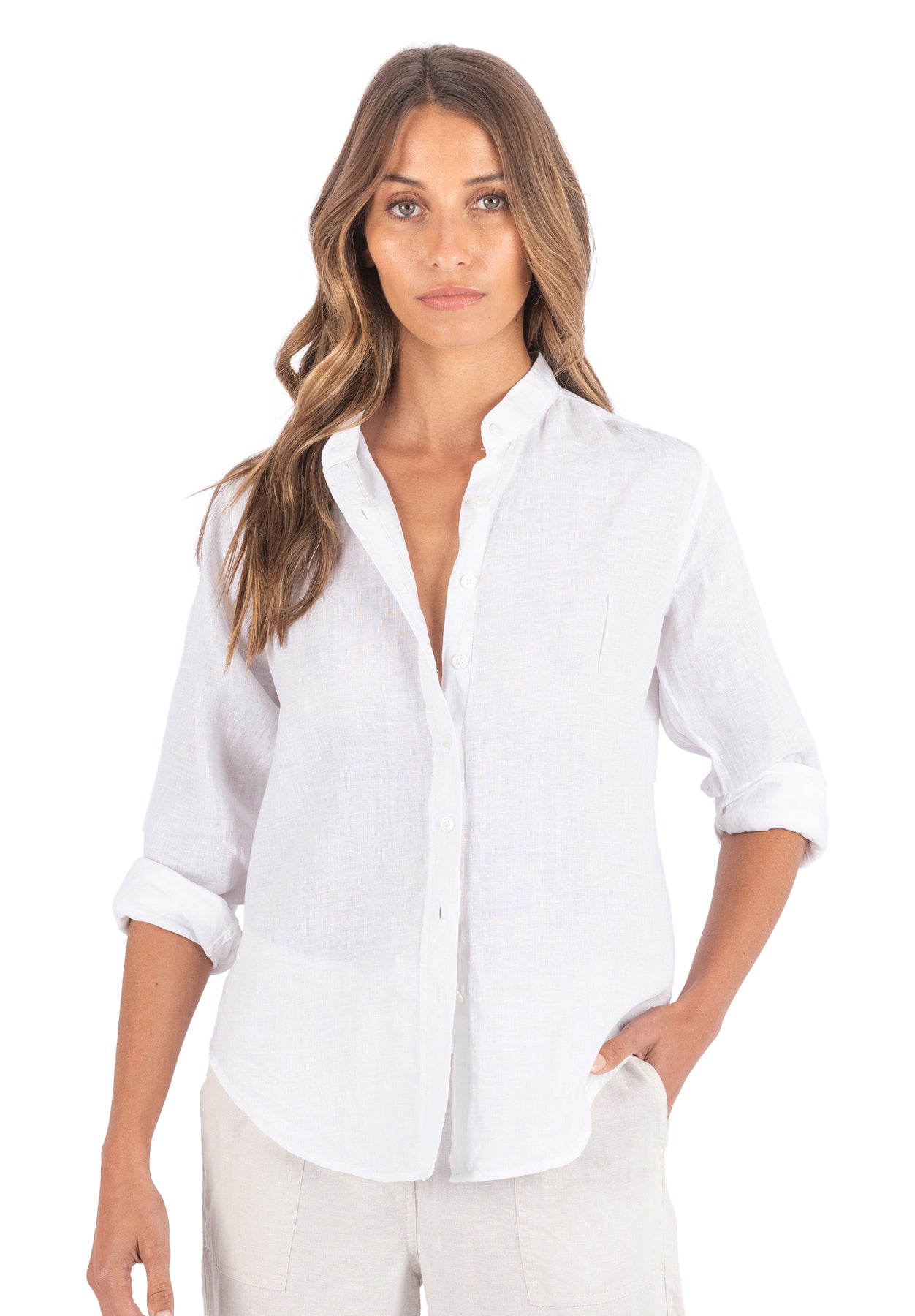 Lotus White Classic Linen Shirt with Mandarin Collar camixa