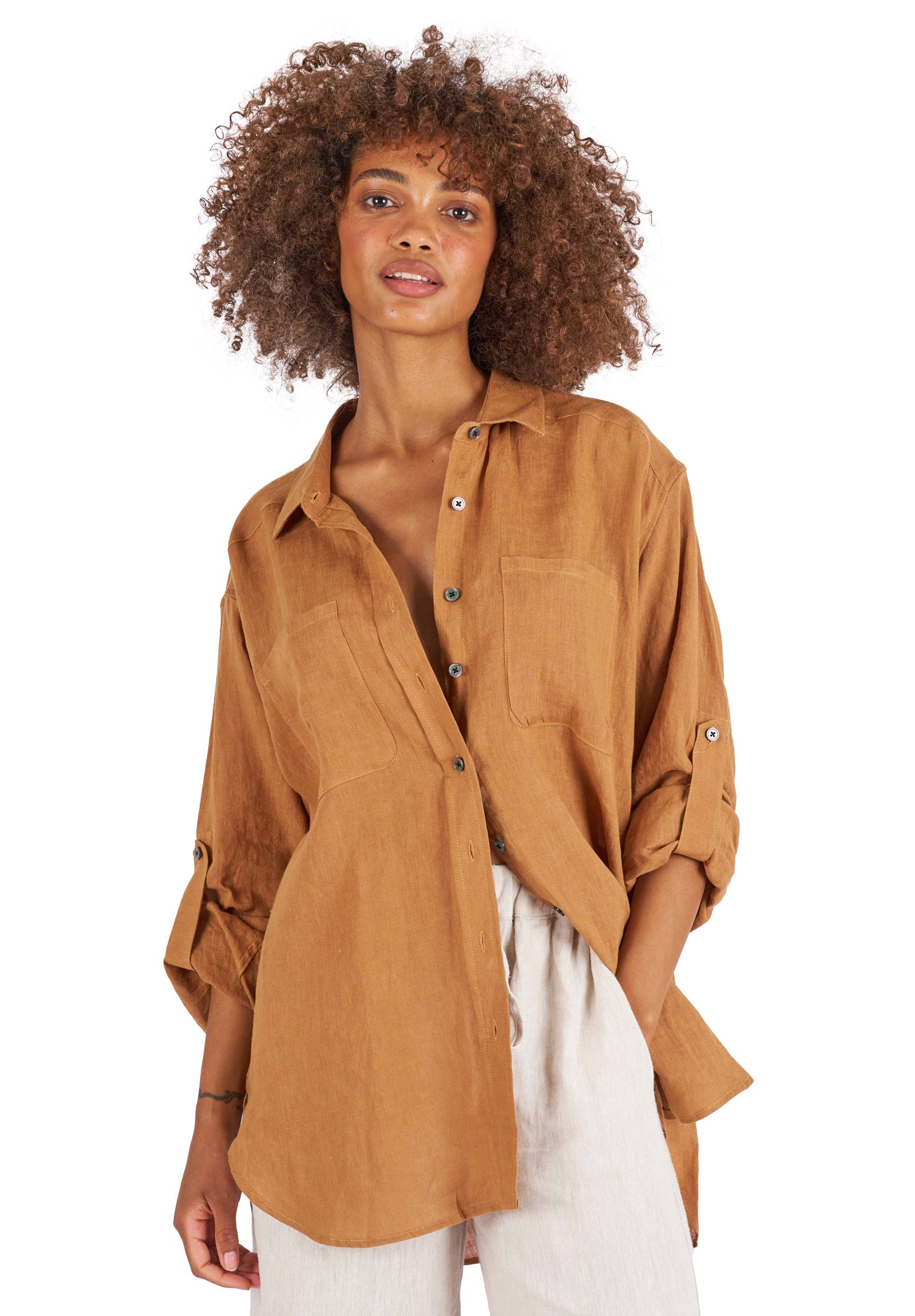 Luna Tobacco Oversized Linen Shirt with Pockets – camixa.com