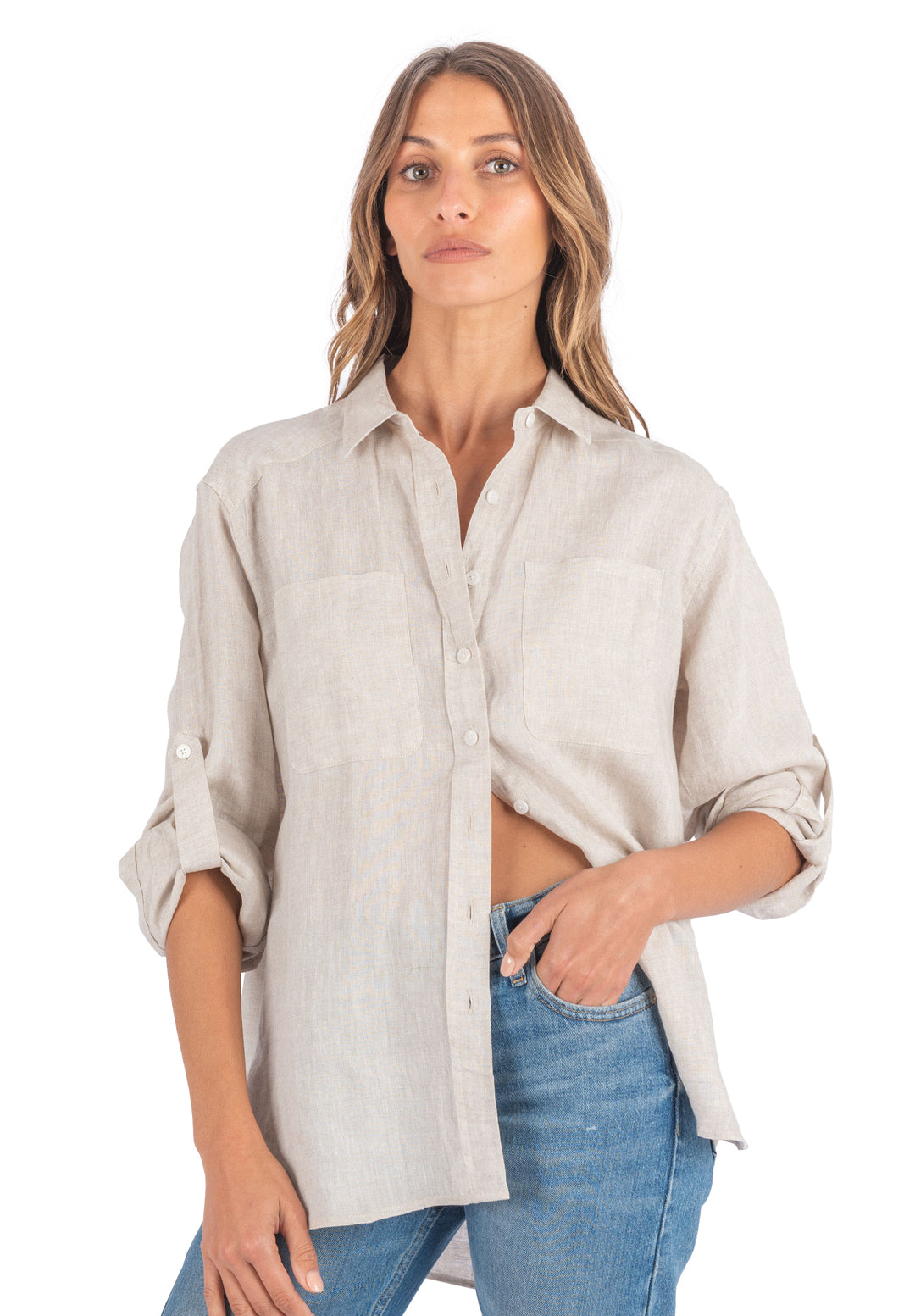 Luna Oat Oversized Linen Shirt with Pockets