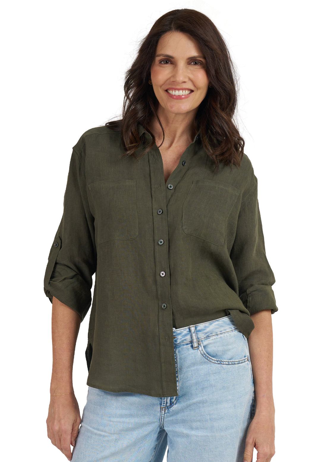 Luna Olive Green Oversized Linen Shirt with Pockets Luna Olive Green Oversized Linen Shirt with Pockets