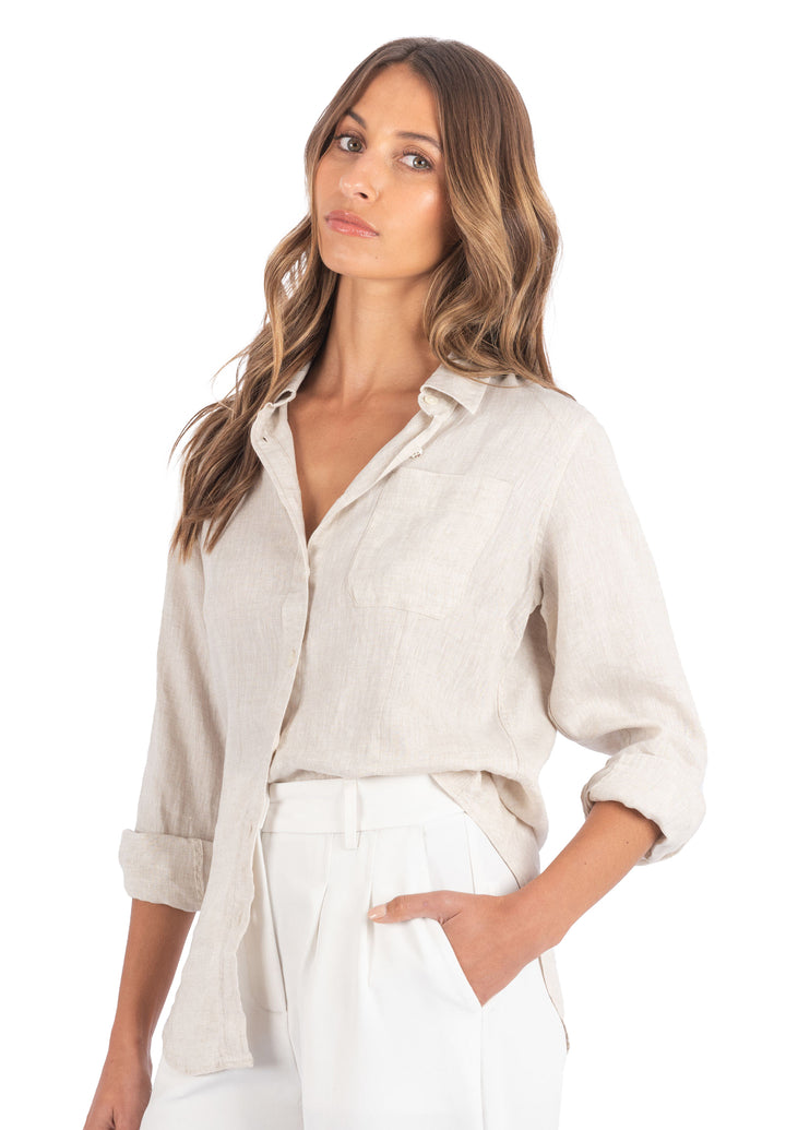 Lina Sand Melange Slim-Fit Linen Shirt