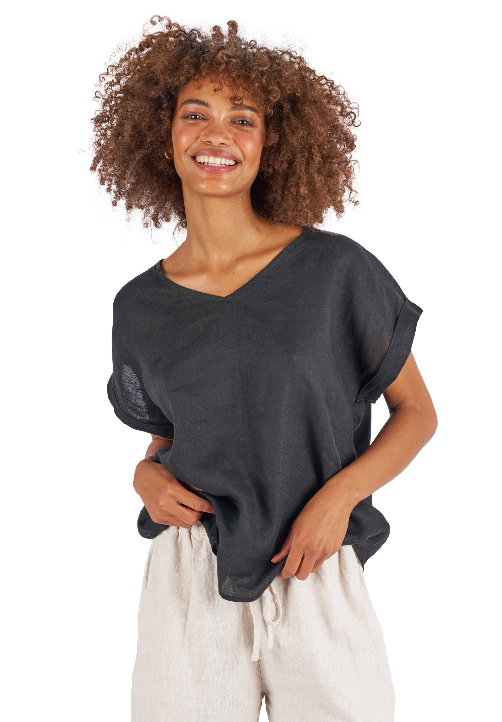 Martina Black Sand Washed Linen T-Shirt – camixa.com