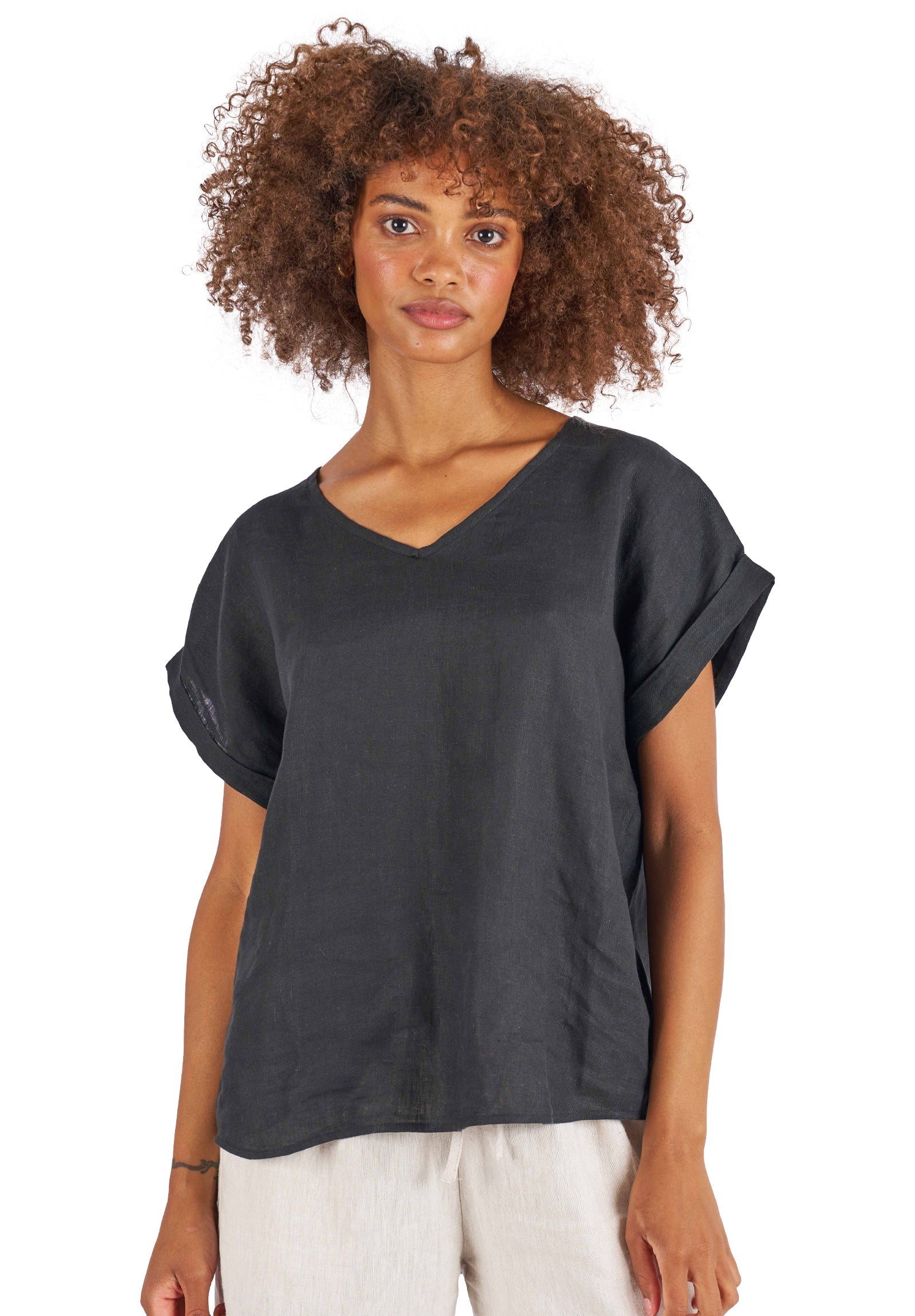 Martina Black Sand Washed Linen T-Shirt – camixa.com