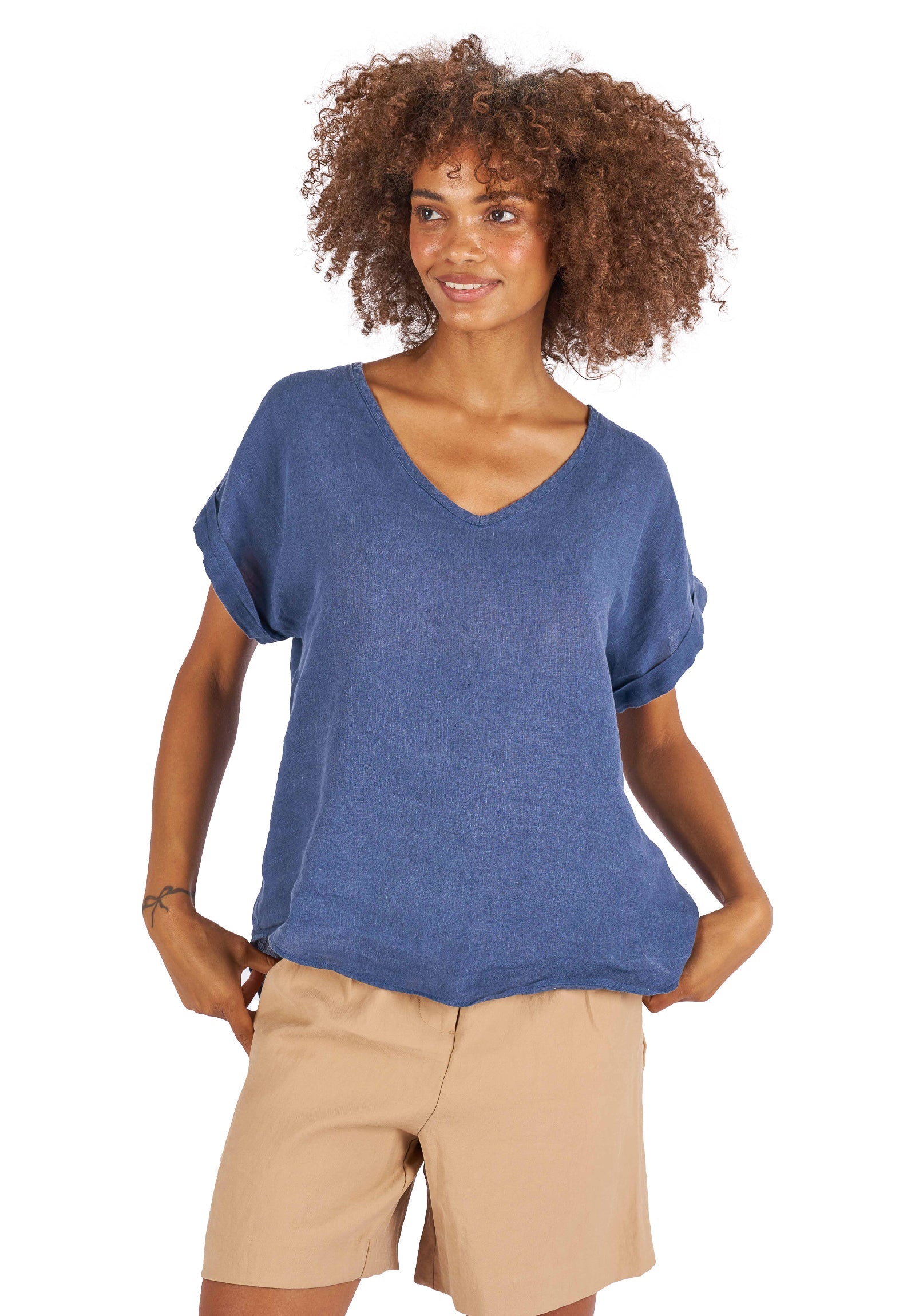 Martina Blue Sand Washed Linen T-Shirt – camixa.com