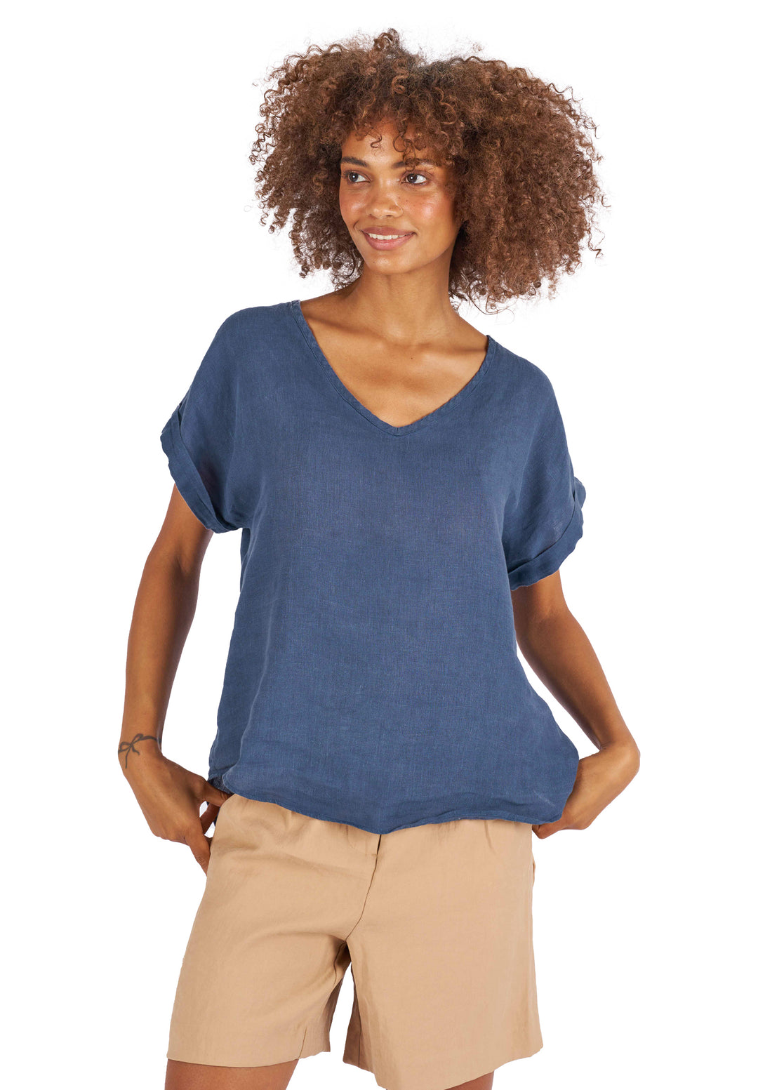 Martina Blue Sand Washed Linen T-Shirt