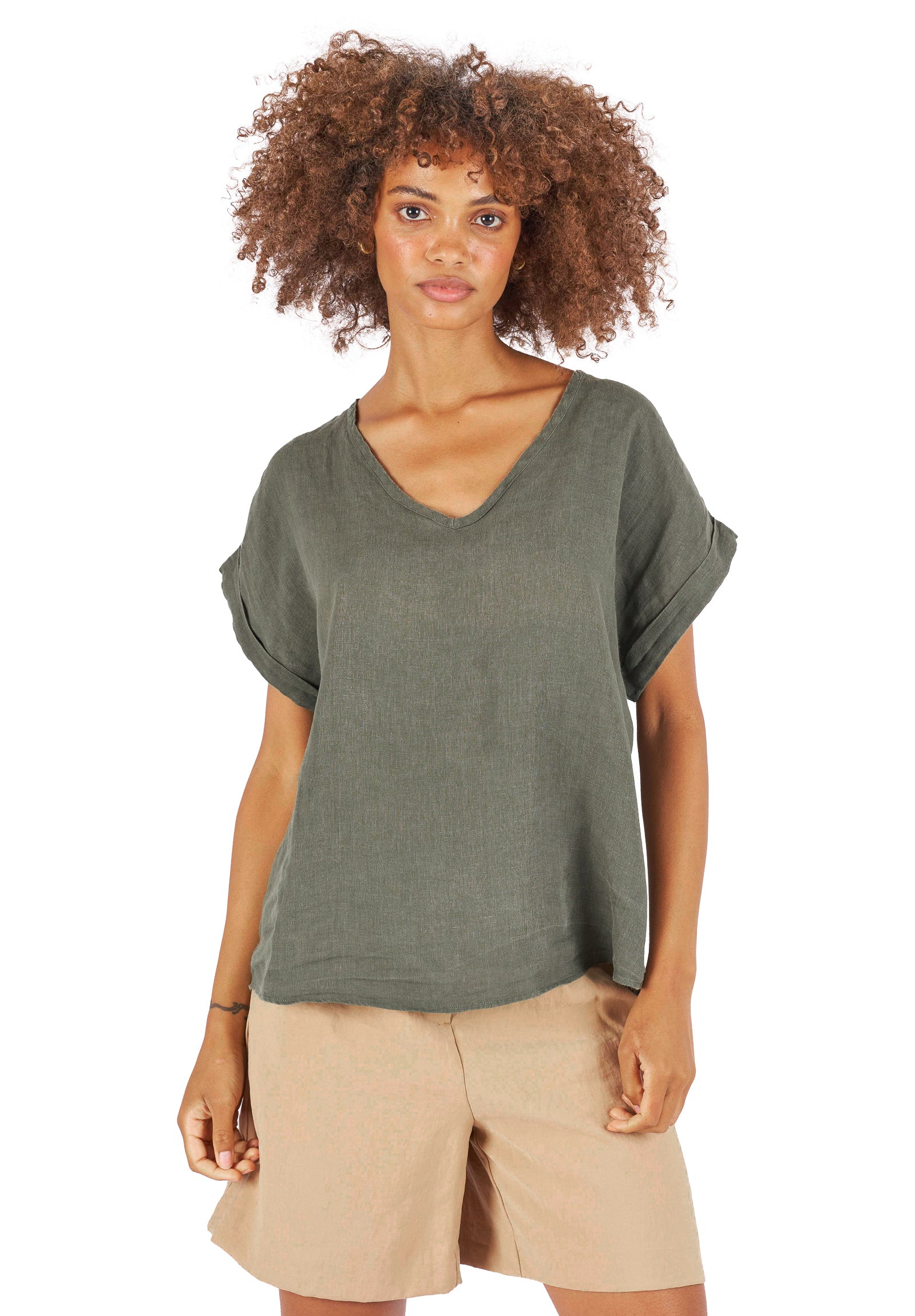 Martina Olive Green Sand Washed Linen T-Shirt – camixa.com