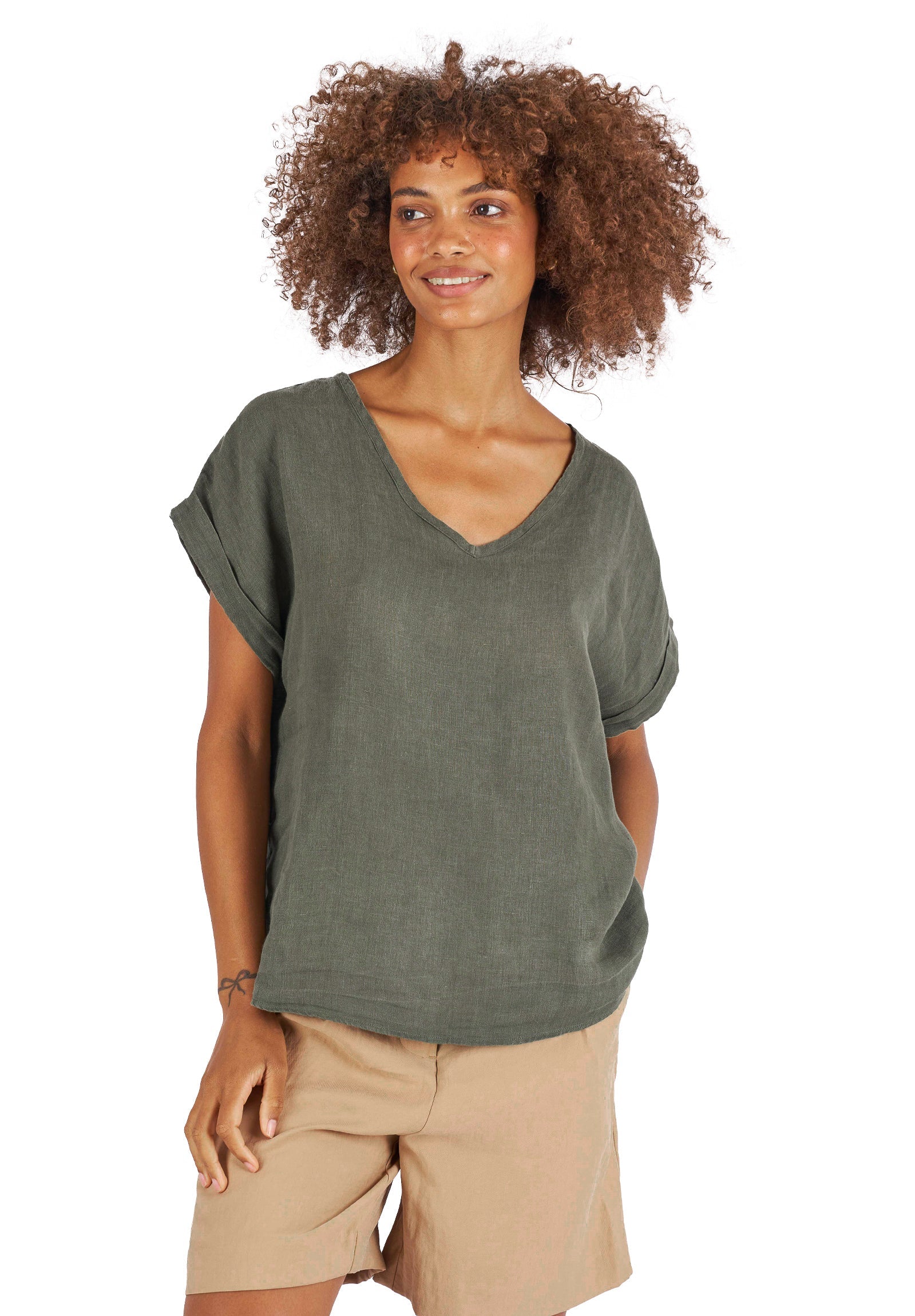 Martina Olive Green Sand Washed Linen T-Shirt – camixa.com