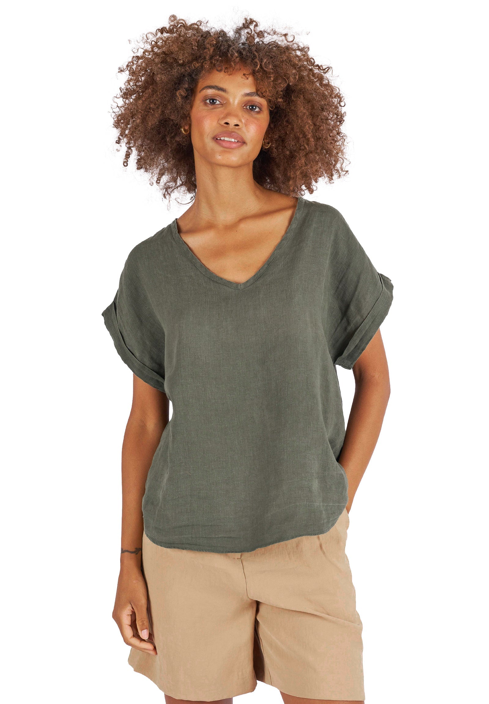 Martina Olive Green Sand Washed Linen T-Shirt – camixa.com