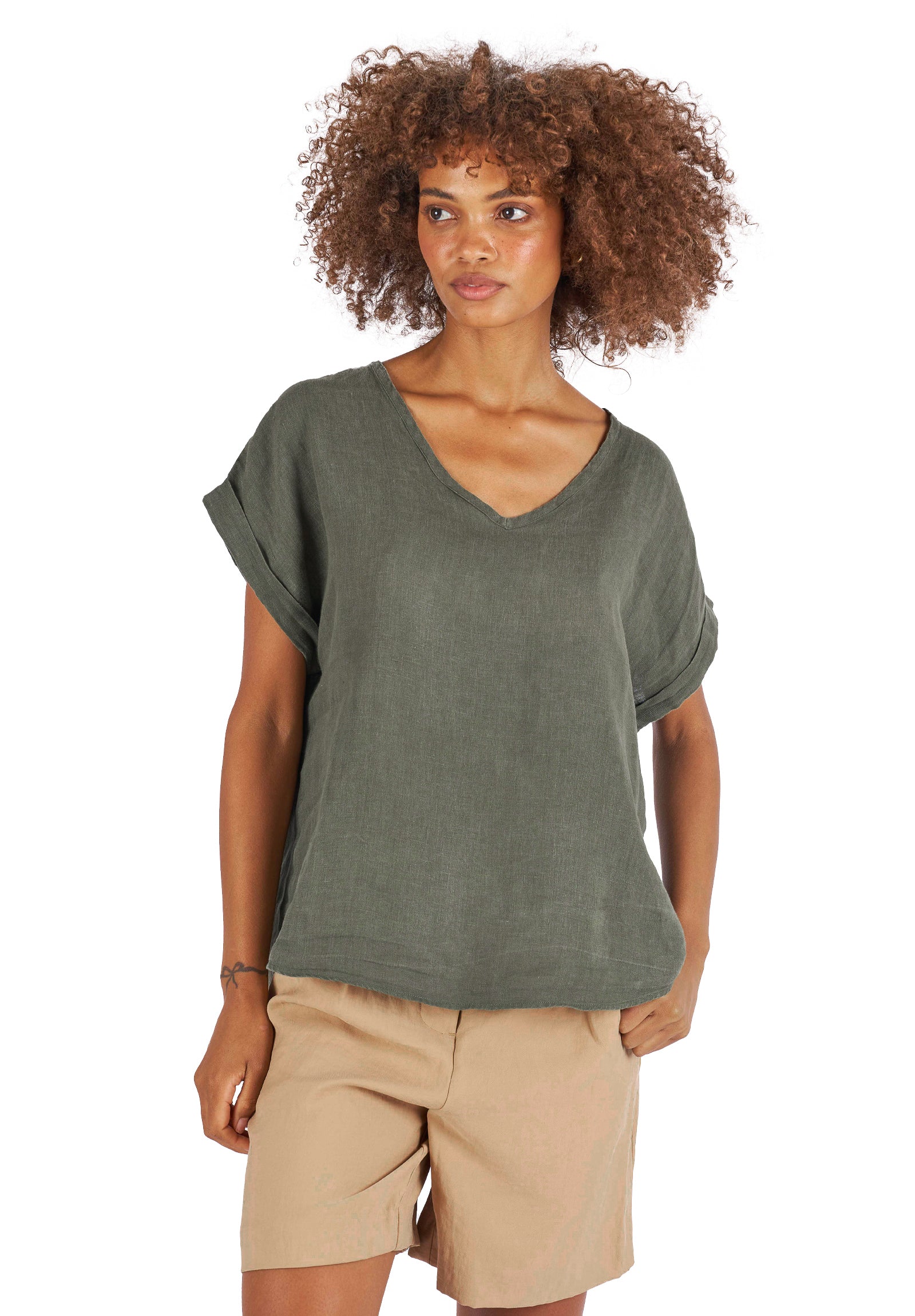 Martina Olive Green Sand Washed Linen T-Shirt – camixa.com