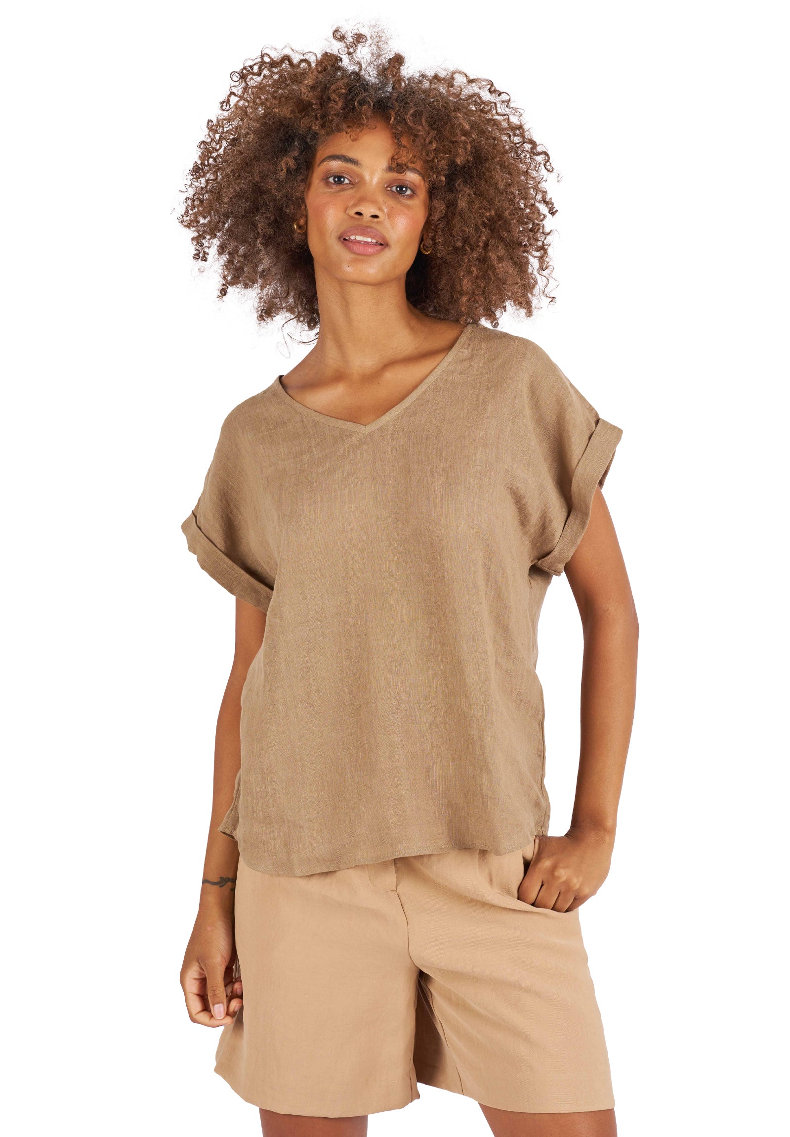 Martina Hazelnut Sand Washed Linen T-Shirt – camixa.com