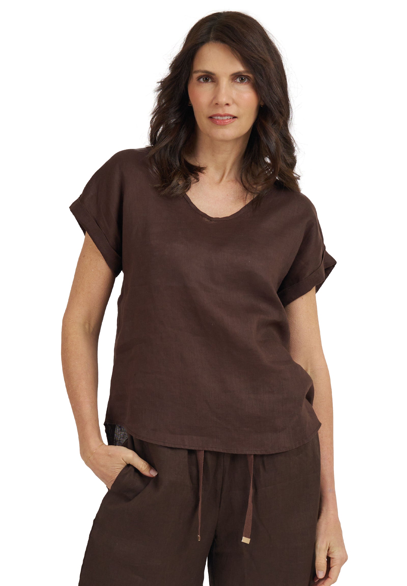 Martina Dark Chocolate Sand Washed Linen T-Shirt – camixa.com