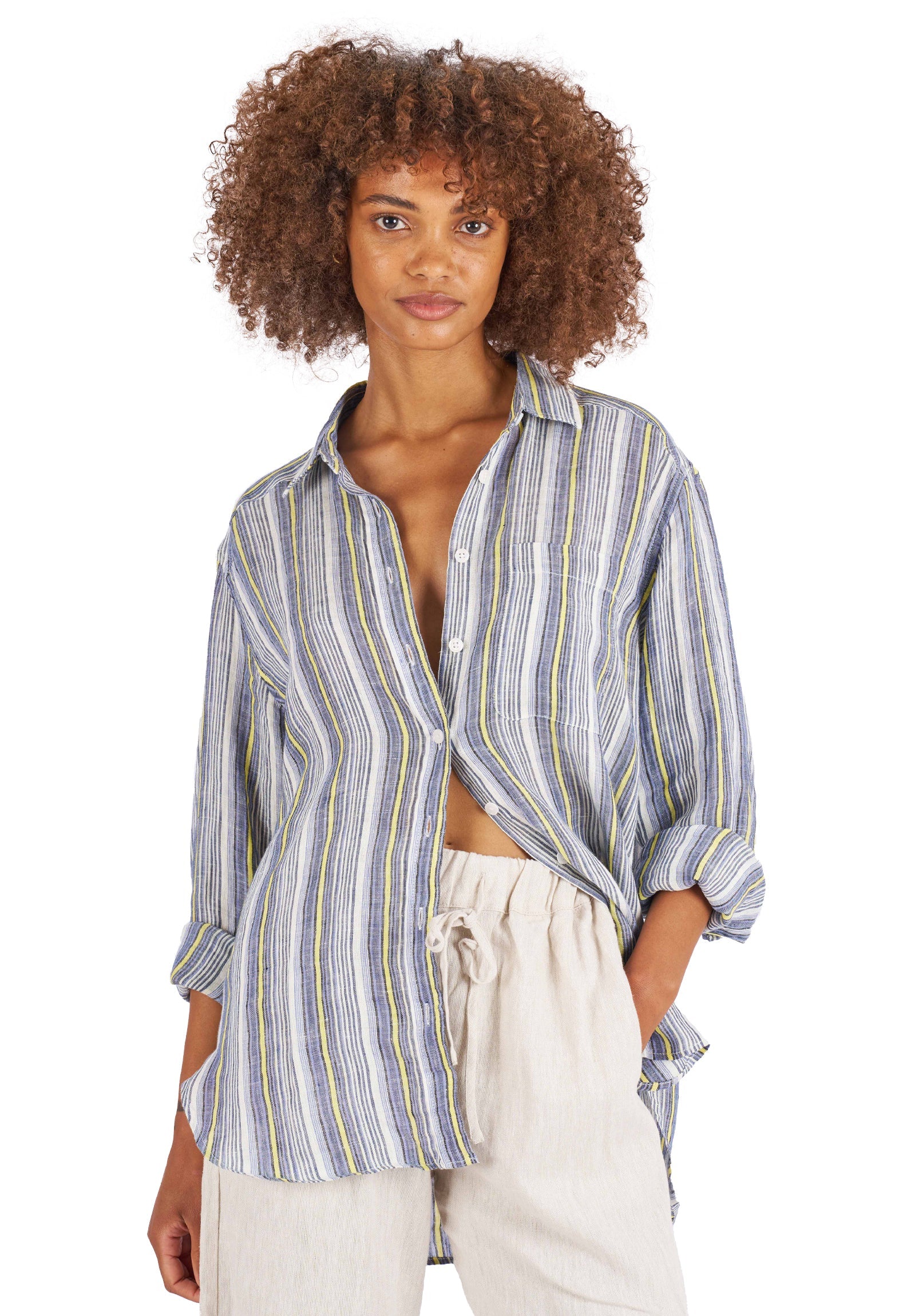 Poppy-Linen Blue Yellow Stripes Oversized Linen Shirt – camixa.com