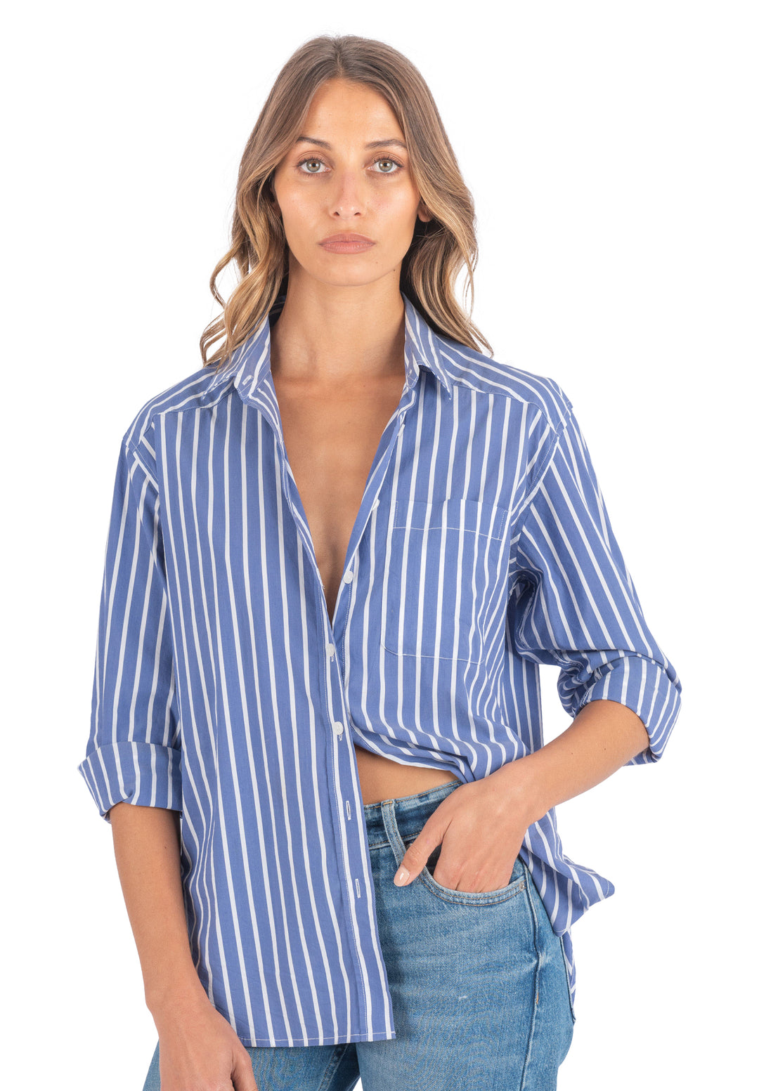 Poppy Dark Blue Stripes Oversize Cotton Shirt