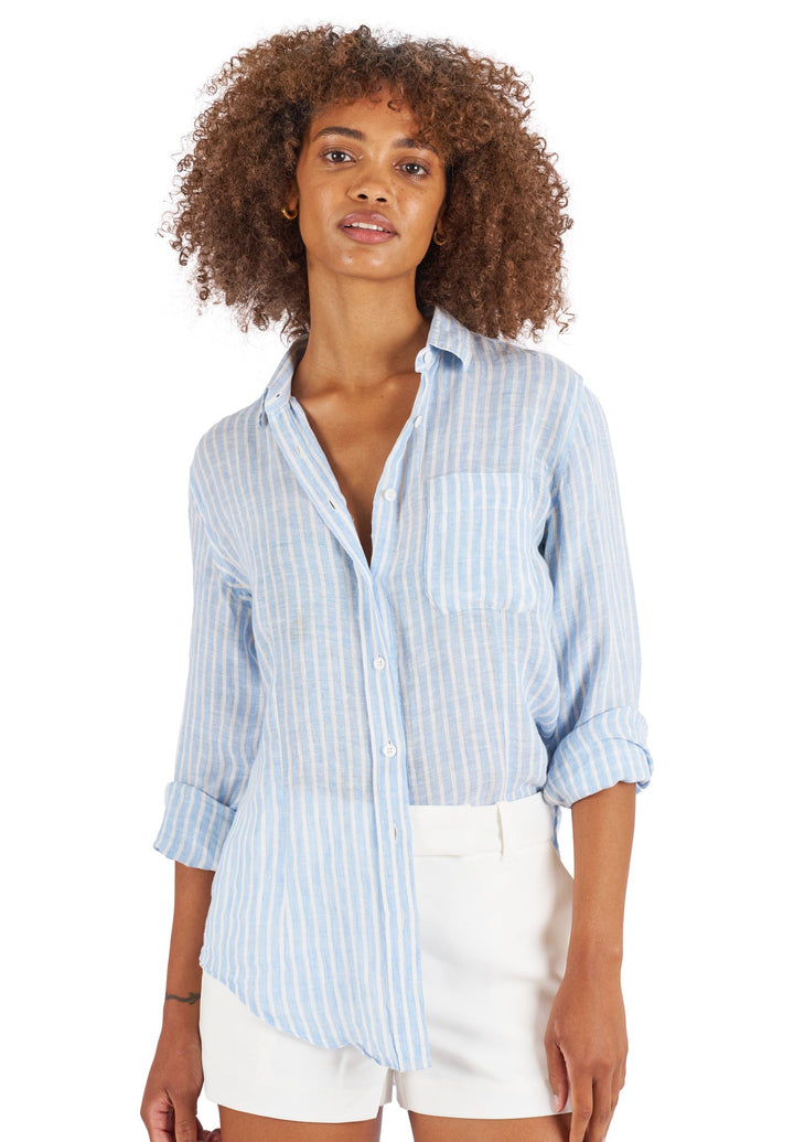 Rina Chambray Stripes Slim-Fit Linen Shirt
