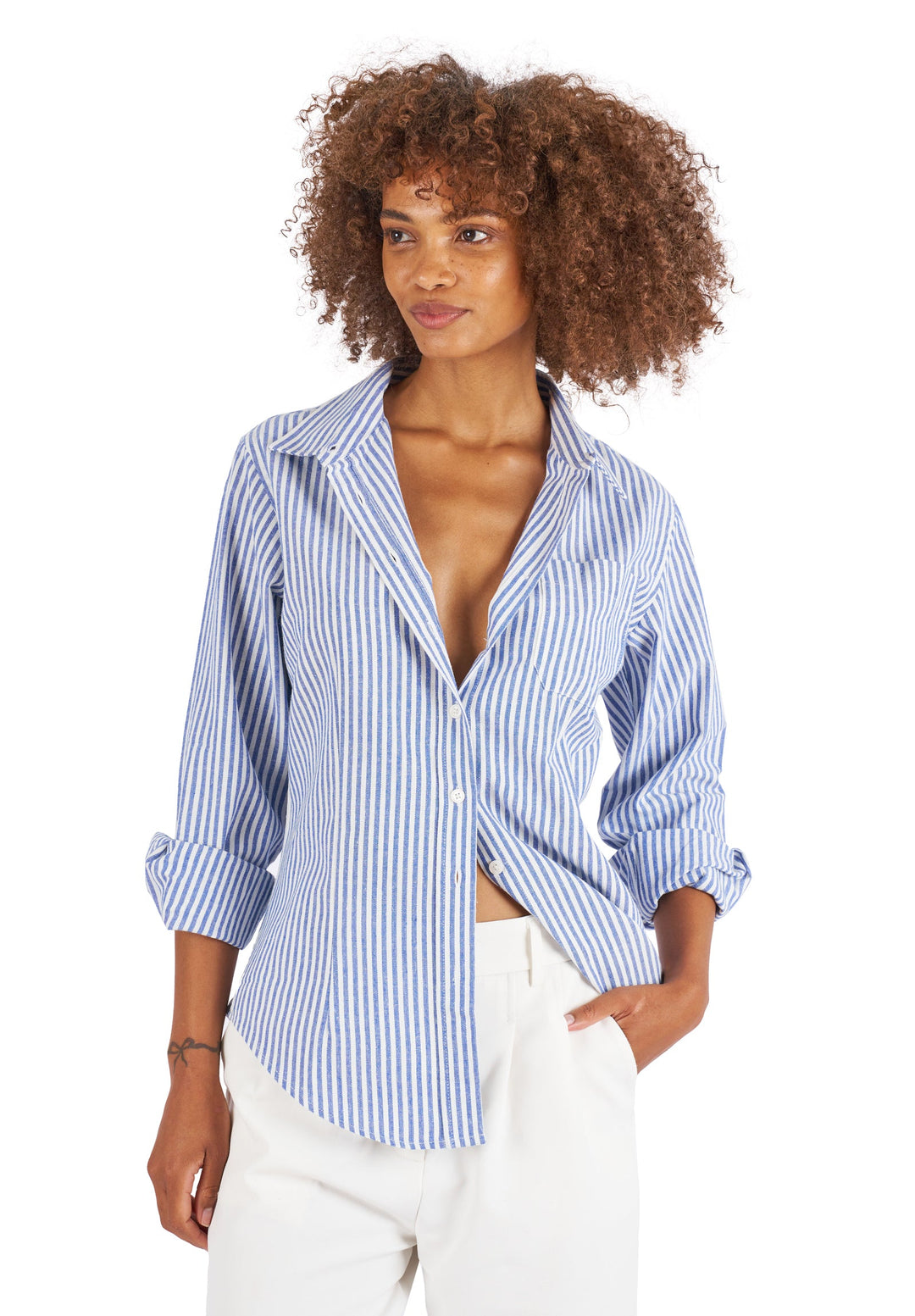 Rina Navy Blue Pin Stripes Slim-Fit Linen Shirt camixa.com Rina Navy Blue Pin Stripes Slim-Fit Linen Shirt camixa.com