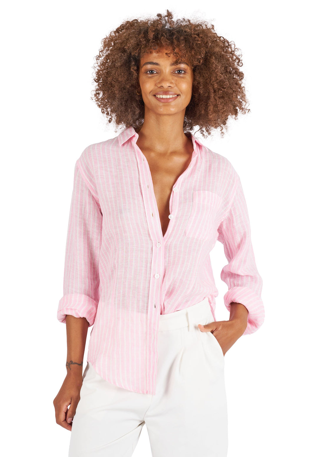 pink and white dress shirt The Pitt Slim Fit Cotton Dress Shirt- Pink with White Collar and White Pin Stripes, Large (Neck 16-16 Sleeves 34/35)