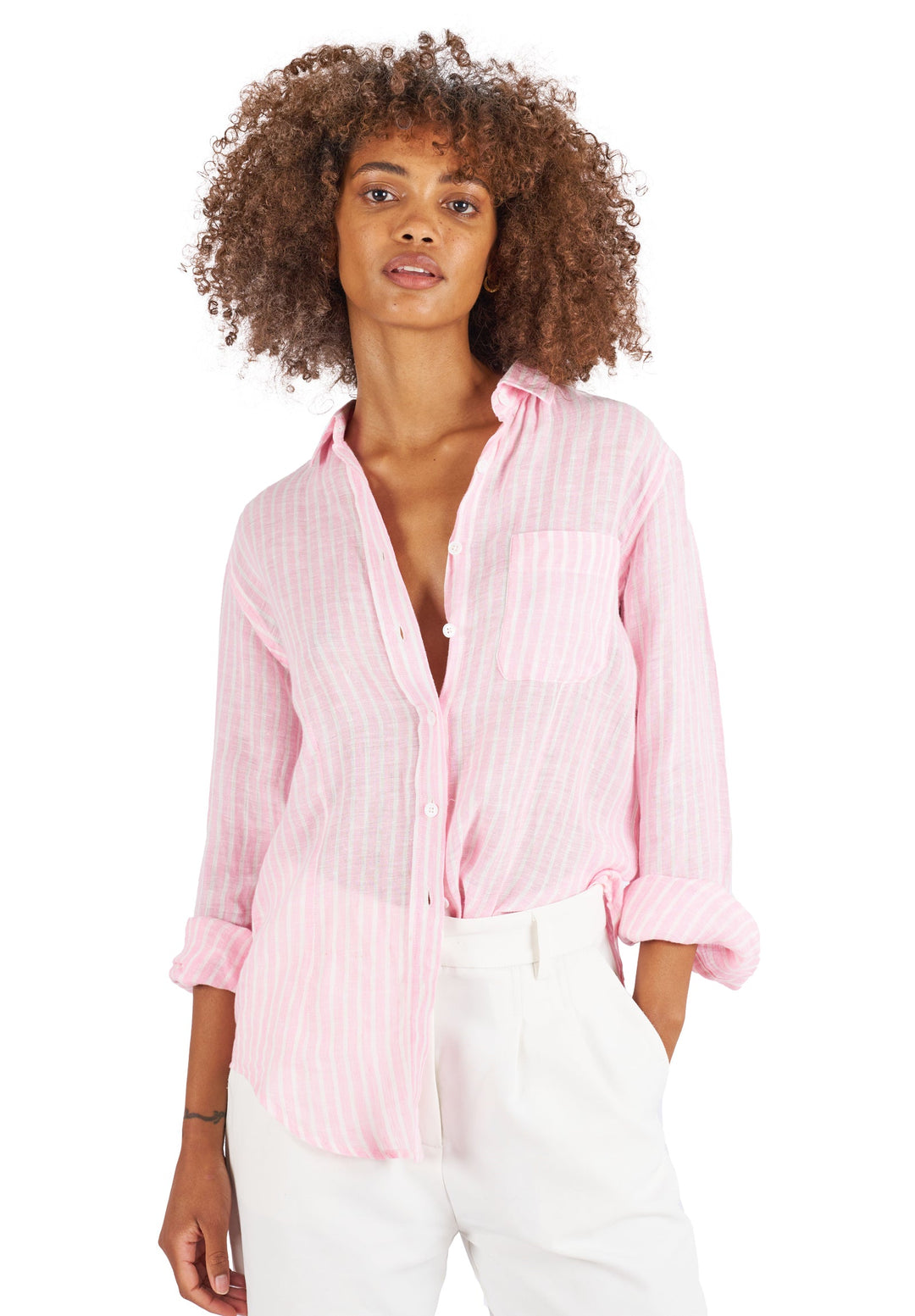 Rina Pink Stripes Slim-Fit Linen Shirt Rina Pink Stripes Slim-Fit Linen Shirt