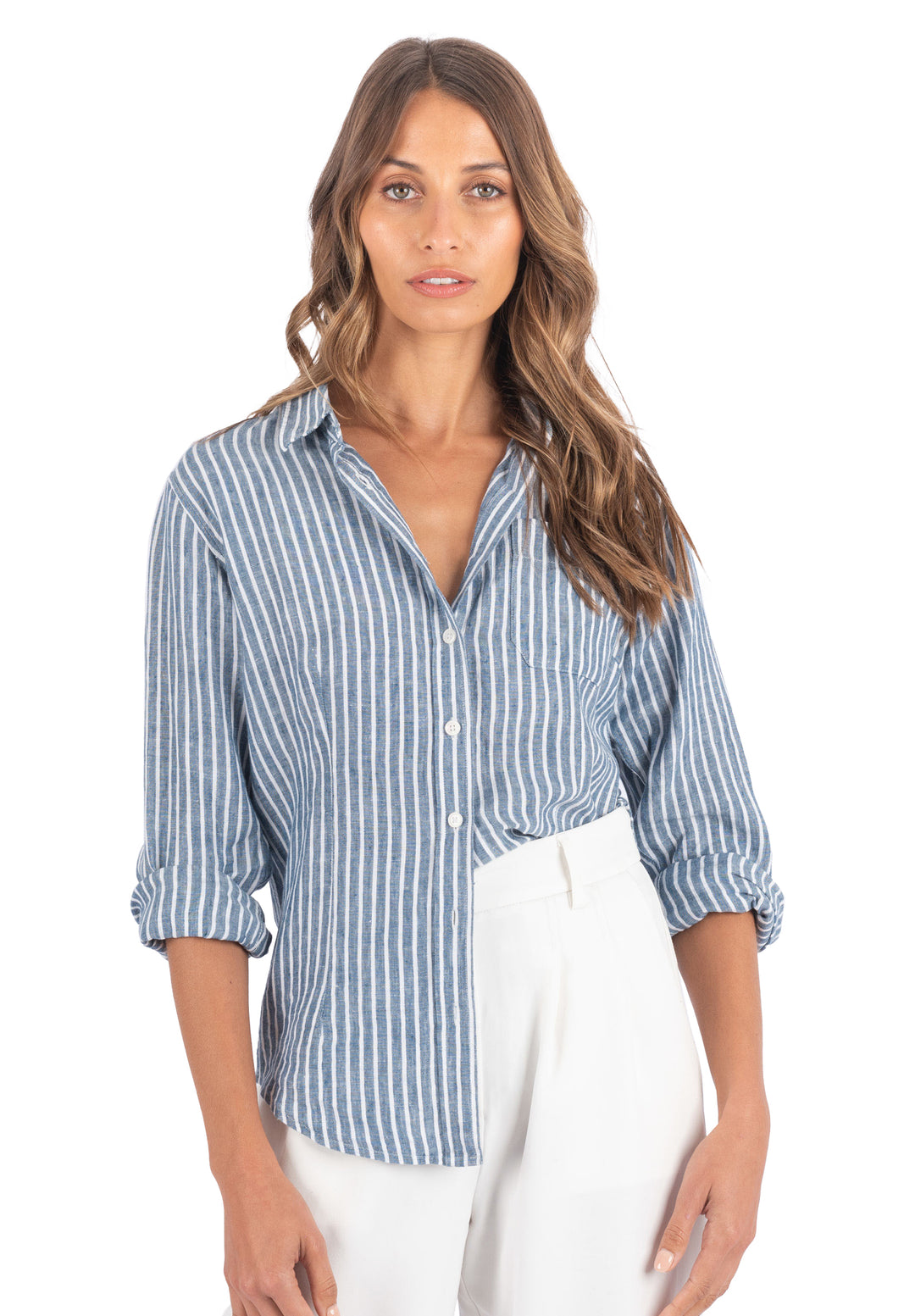 Rina Indigo Blue Stripes Slim-Fit Linen Shirt camixa.com Rina Indigo Blue Stripes Slim-Fit Linen Shirt camixa.com
