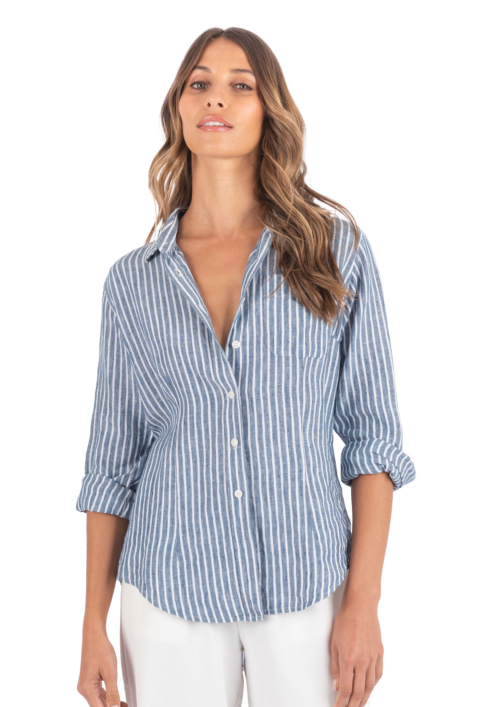 Rina Indigo Blue Stripes Slim-Fit Linen Shirt – camixa.com