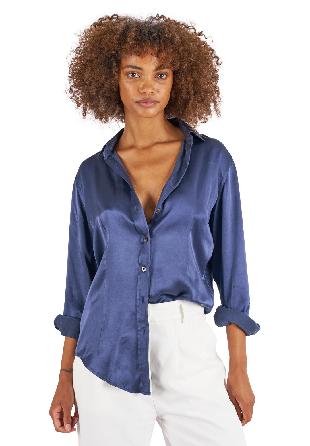 Satin-Silk Avio Blue Relaxed Fit Charmeuse Silk Shirt
