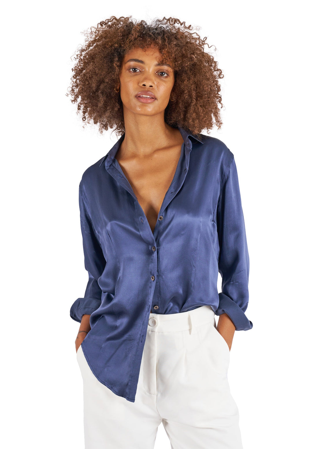 Satin-Silk Avio Blue Relaxed Fit Charmeuse Silk Shirt