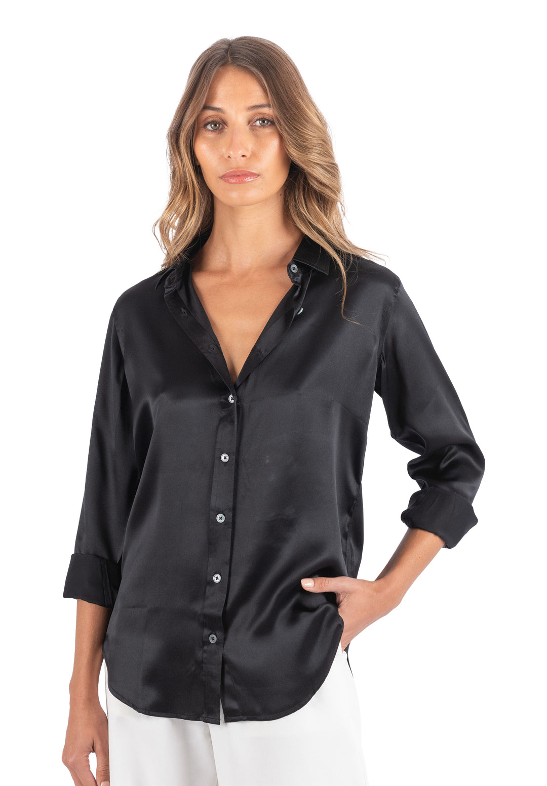 Satin-Silk Black Classic Fit Charmeuse Silk Shirt –