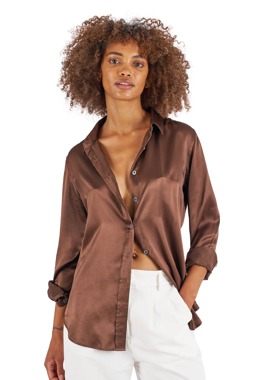 Satin-Silk Coffee Classic Fit Charmeuse Silk Shirt –