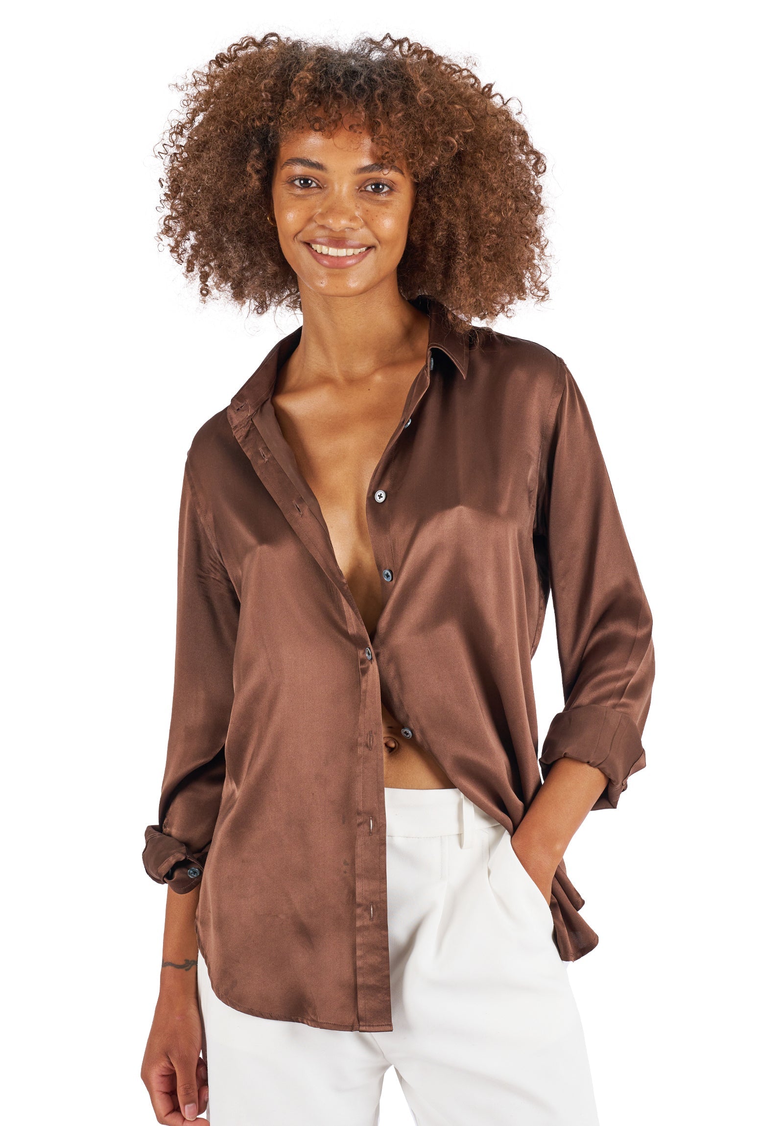 Satin-Silk Coffee Classic Fit Charmeuse Silk Shirt – camixa.com