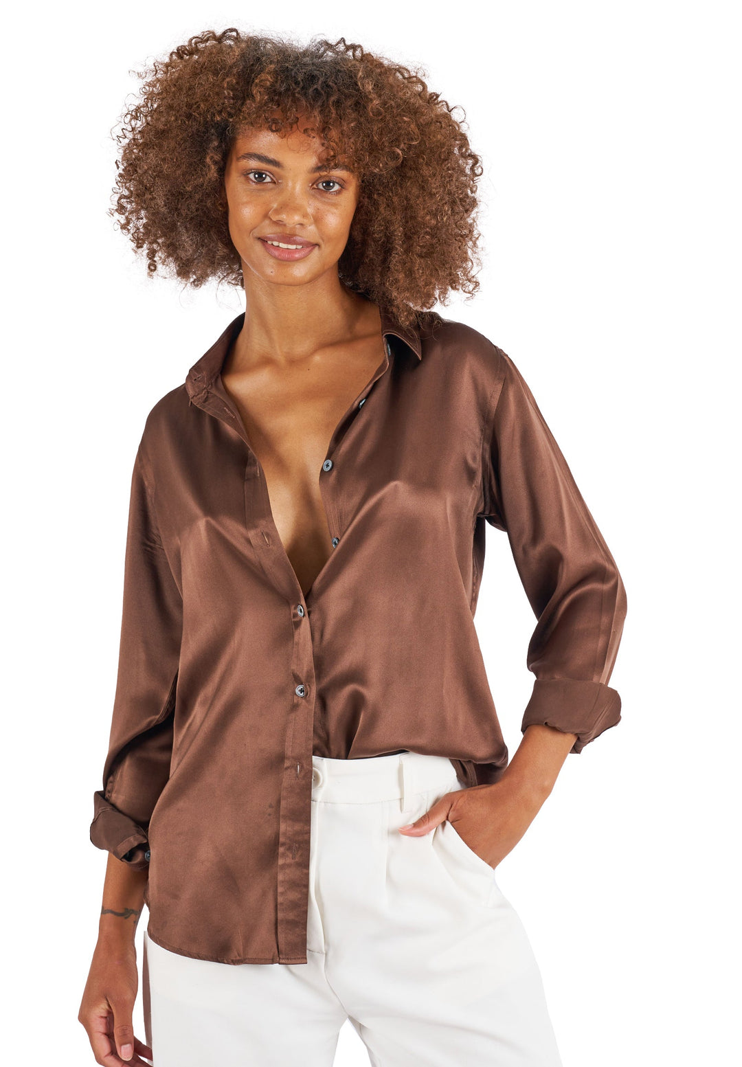 Satin-Silk Coffee Relaxed Fit Charmeuse Silk Shirt