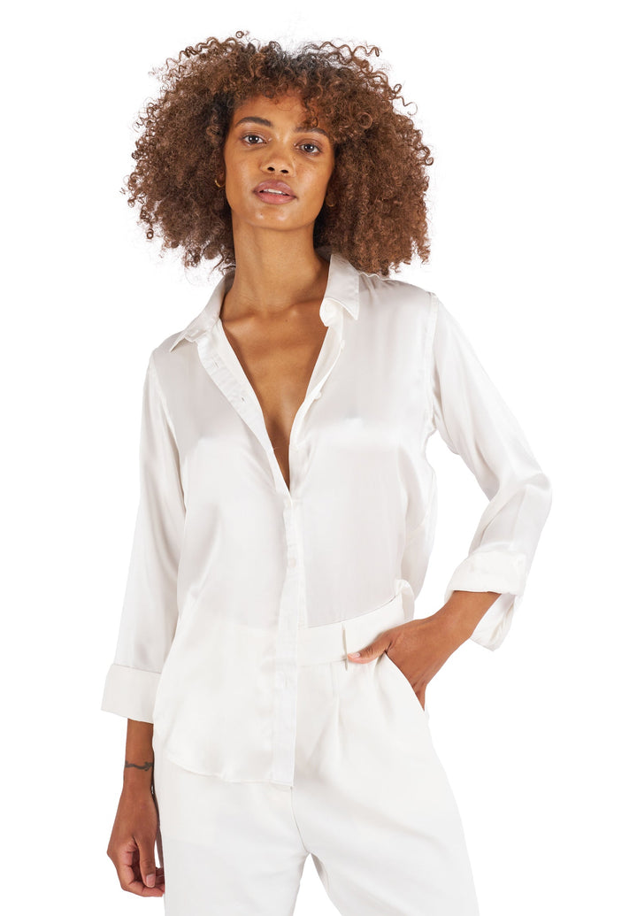 Satin-Silk White Relaxed Fit Charmeuse Silk Shirt