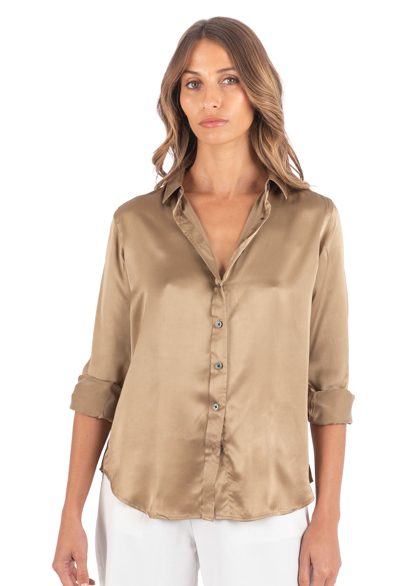Satin Dark Gold Pure Charmeuse Silk Shirt camixa