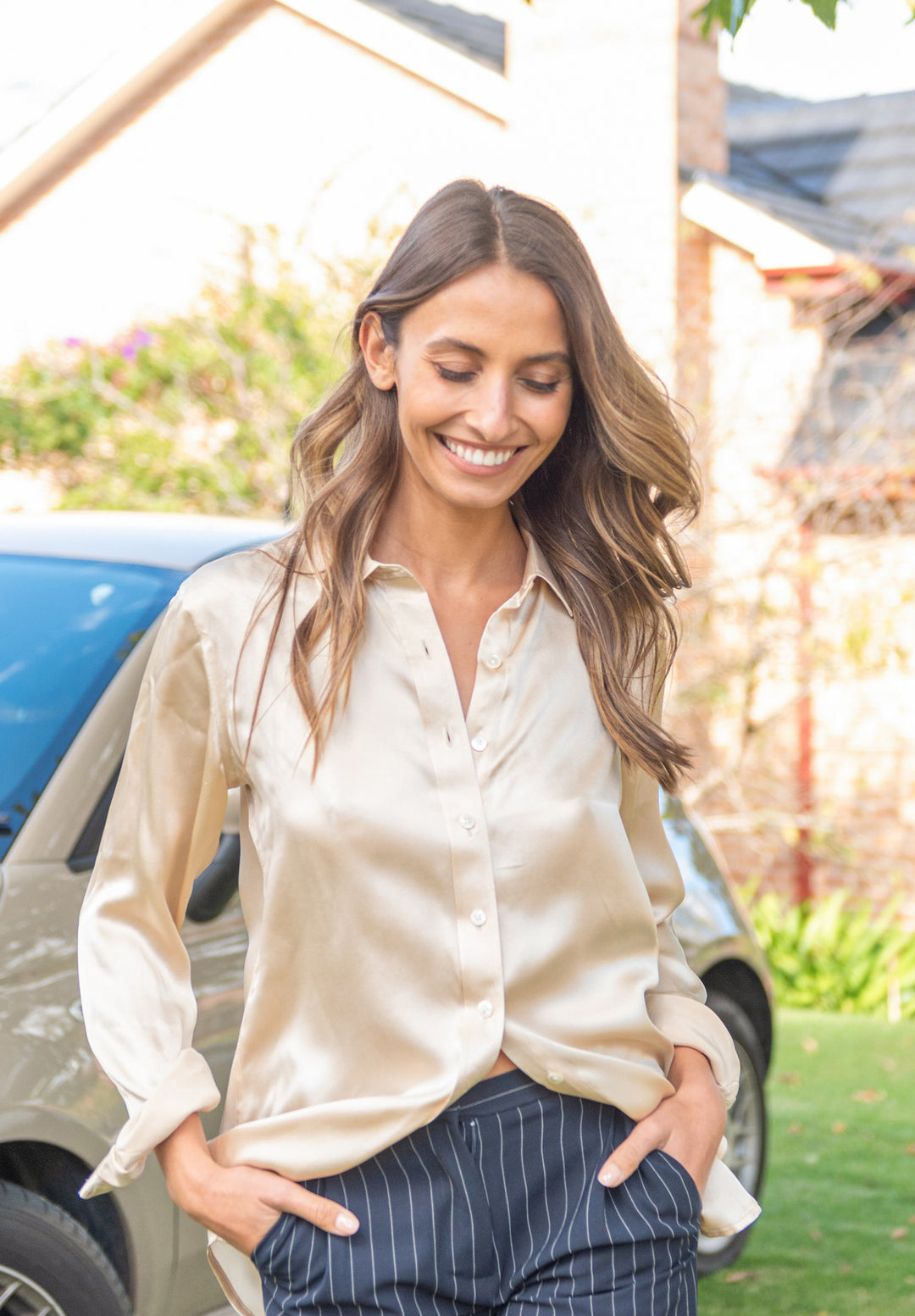 Satin-Silk Champagne Classic Fit Charmeuse Silk Shirt –