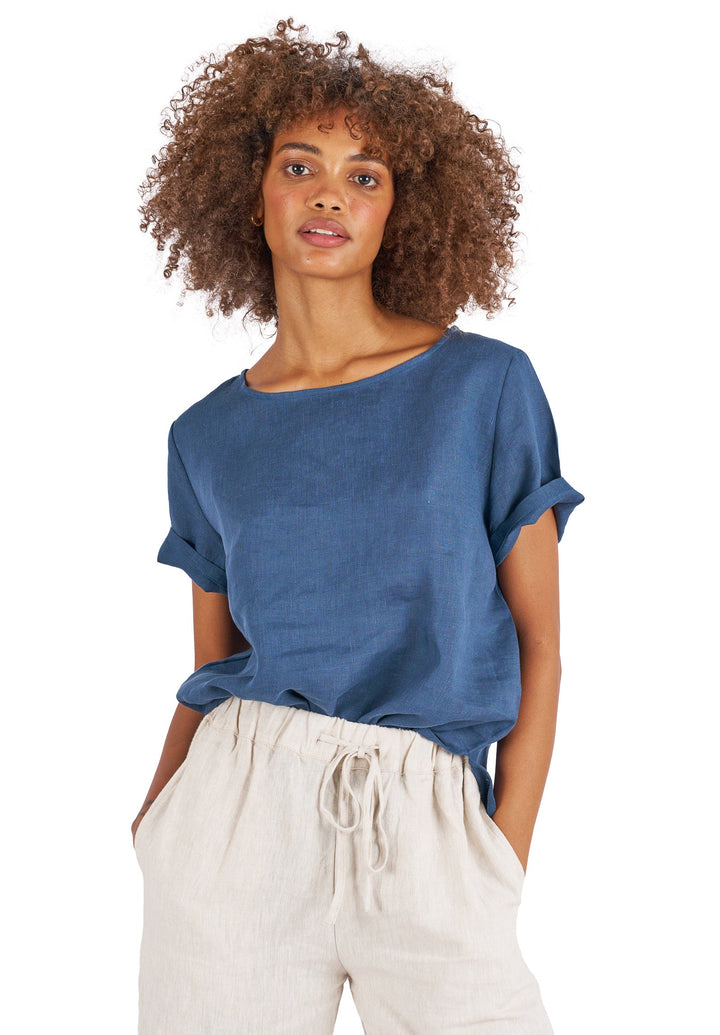 Teena-Linen Blue Sand Washed Linen T-Shirt