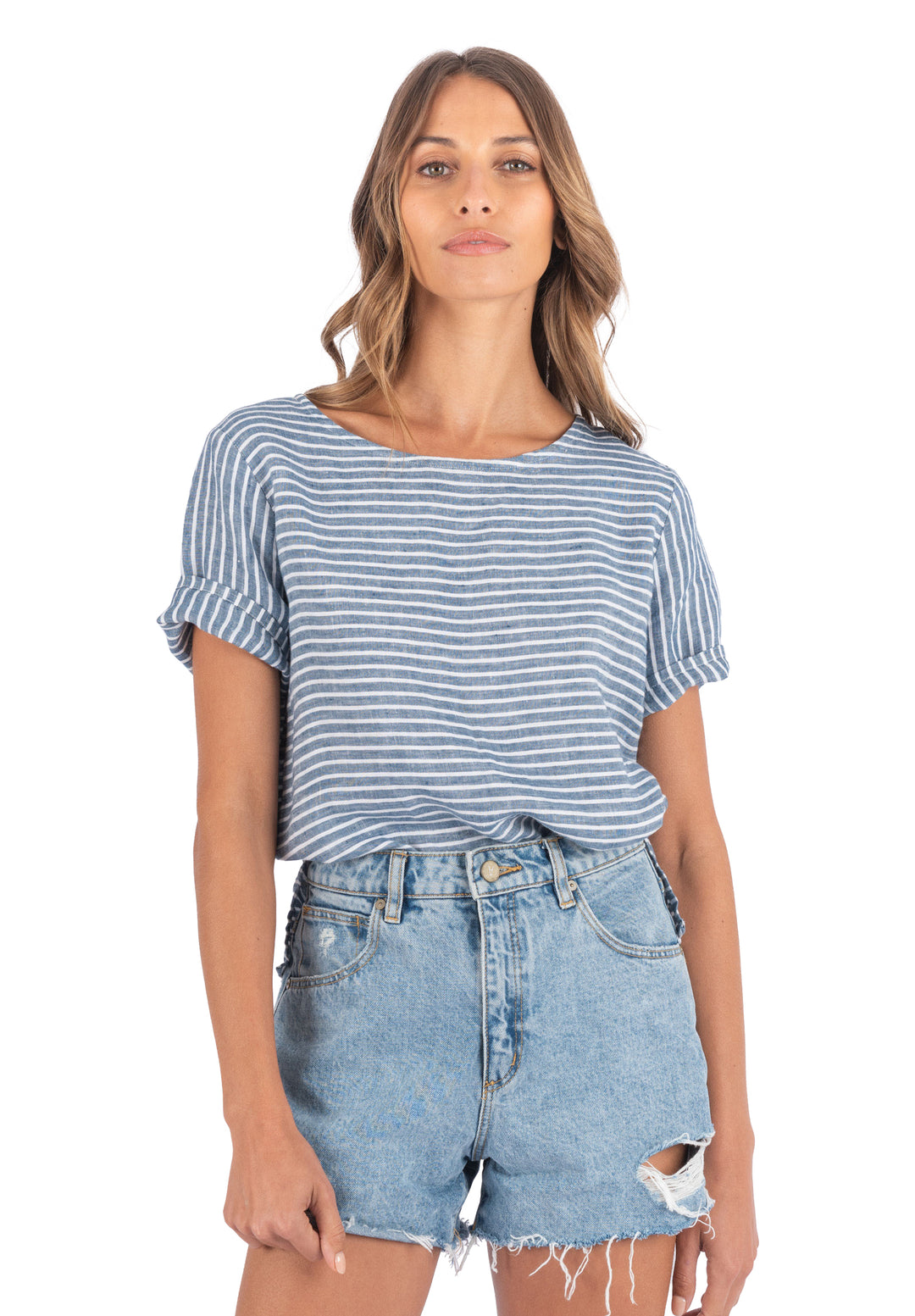 Teena Indigo Stripes, Linen T-Shirt Top
