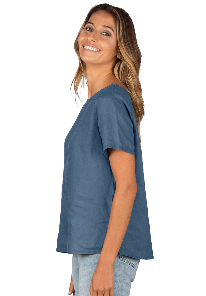 Teena-Linen Blue Sand Washed Linen T-Shirt