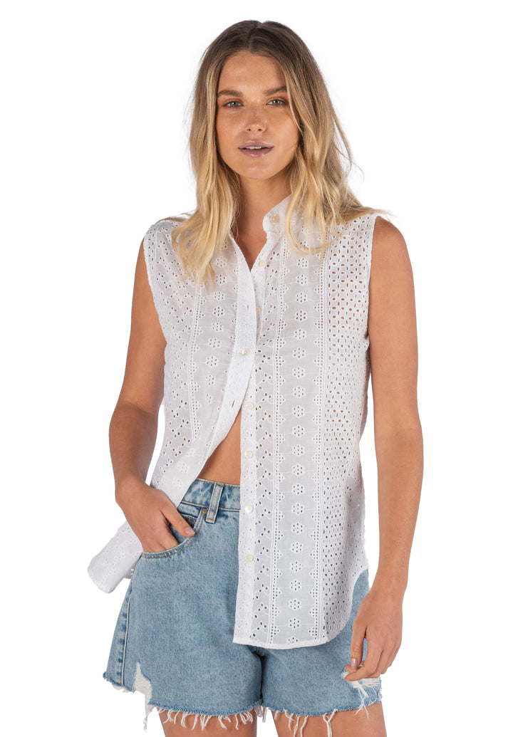 Anna Lace White, Sleeveless Broderie Anglaise Shirt Band Collar