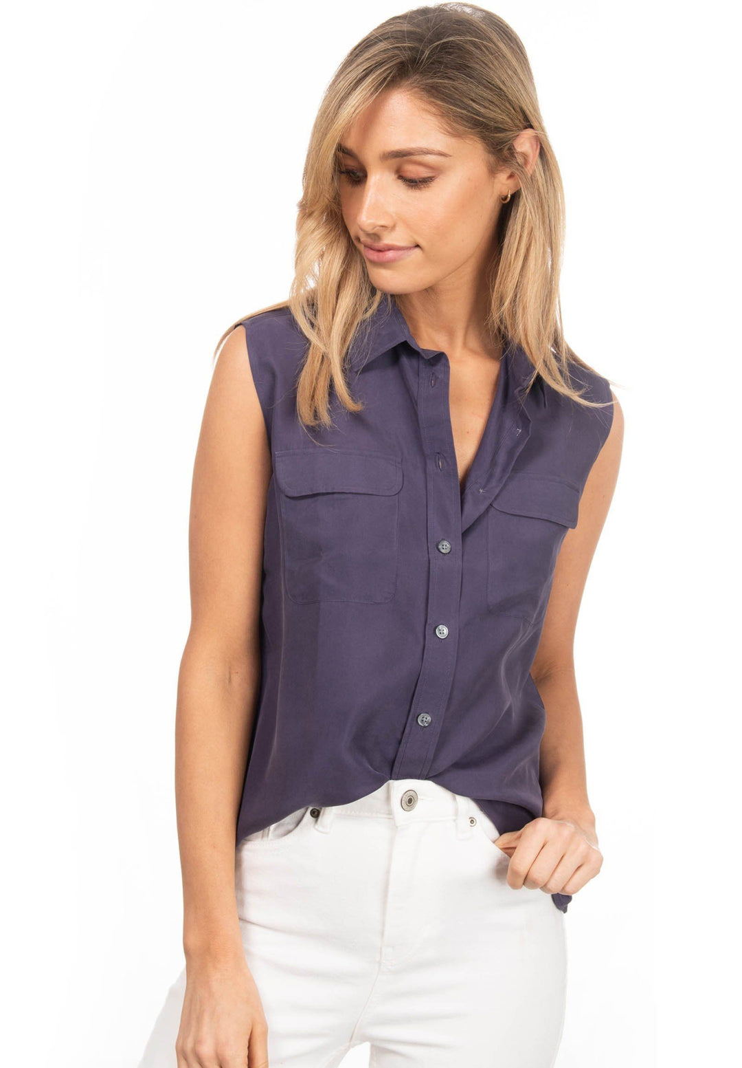Aura Silk Blue, Sand washed sleeveless shirt with pockets