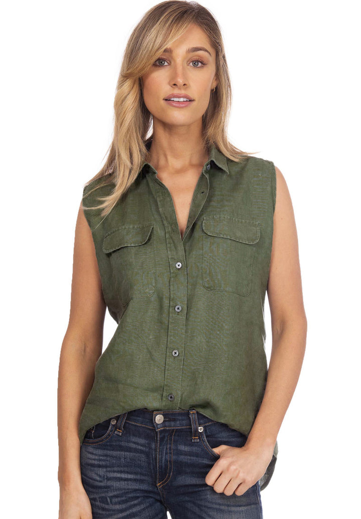 Aura Army Green, Sleeveless Linen Shirt with Pockets