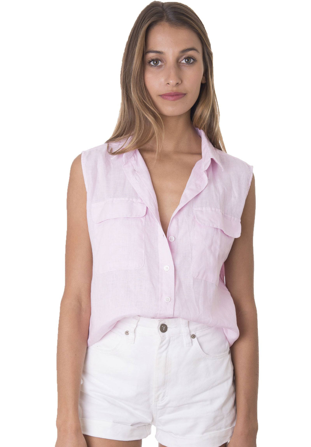 Aura Pink, Sleeveless Linen Shirt with Pockets