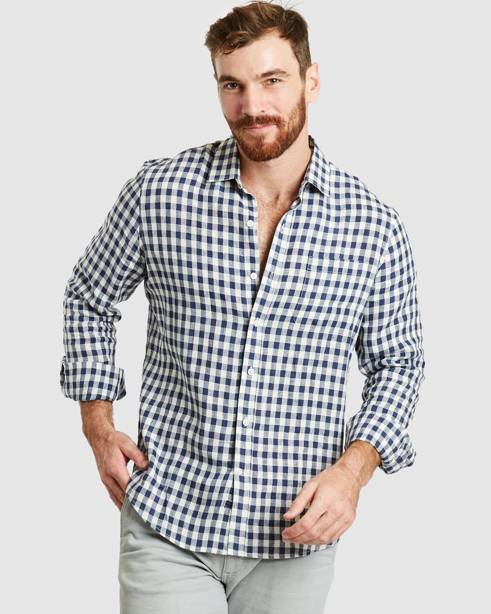 日本未入荷 Antibes Blue Gingham Linen Shirt - Casual Fit トップス